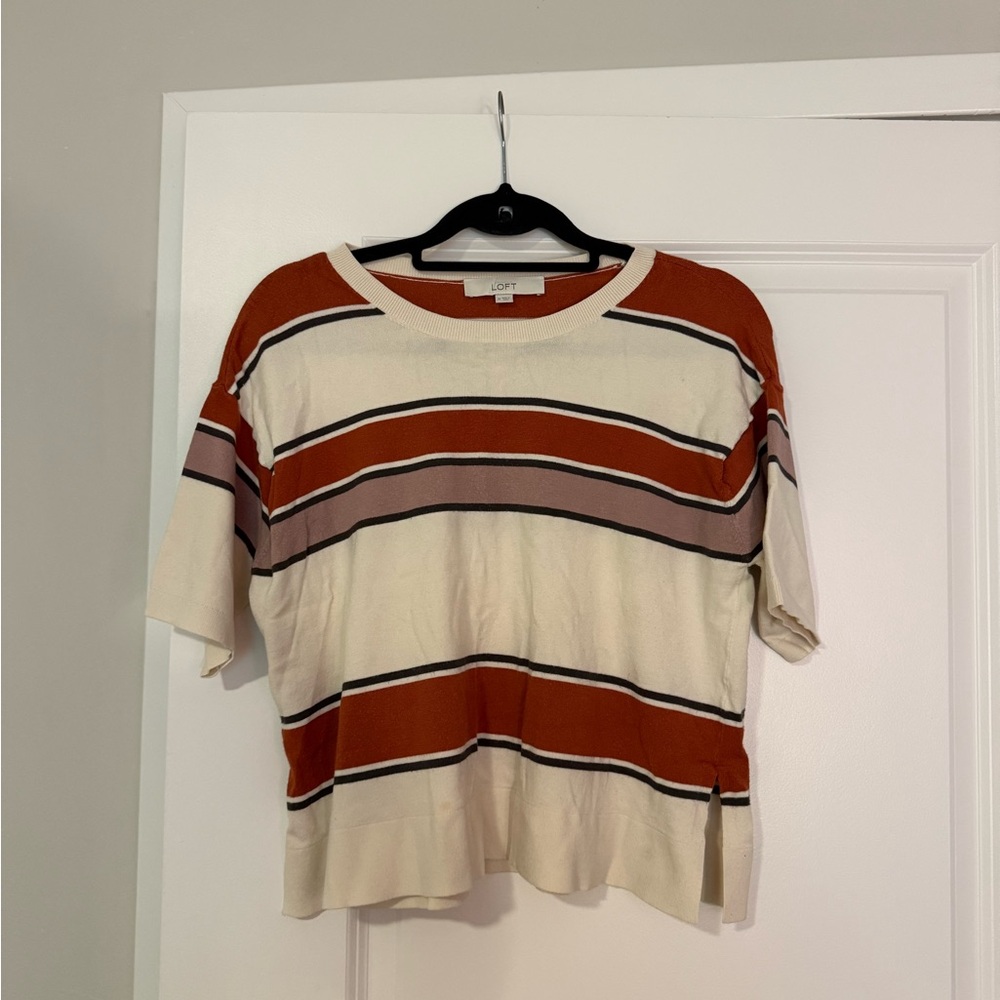 LOFT Women's Short Sleeve Top - Cream, Orange, and Black Stripes